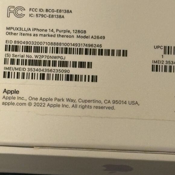 Apple iPhone 14 Purple 128gb BOX ONLY - Picture 4 of 5